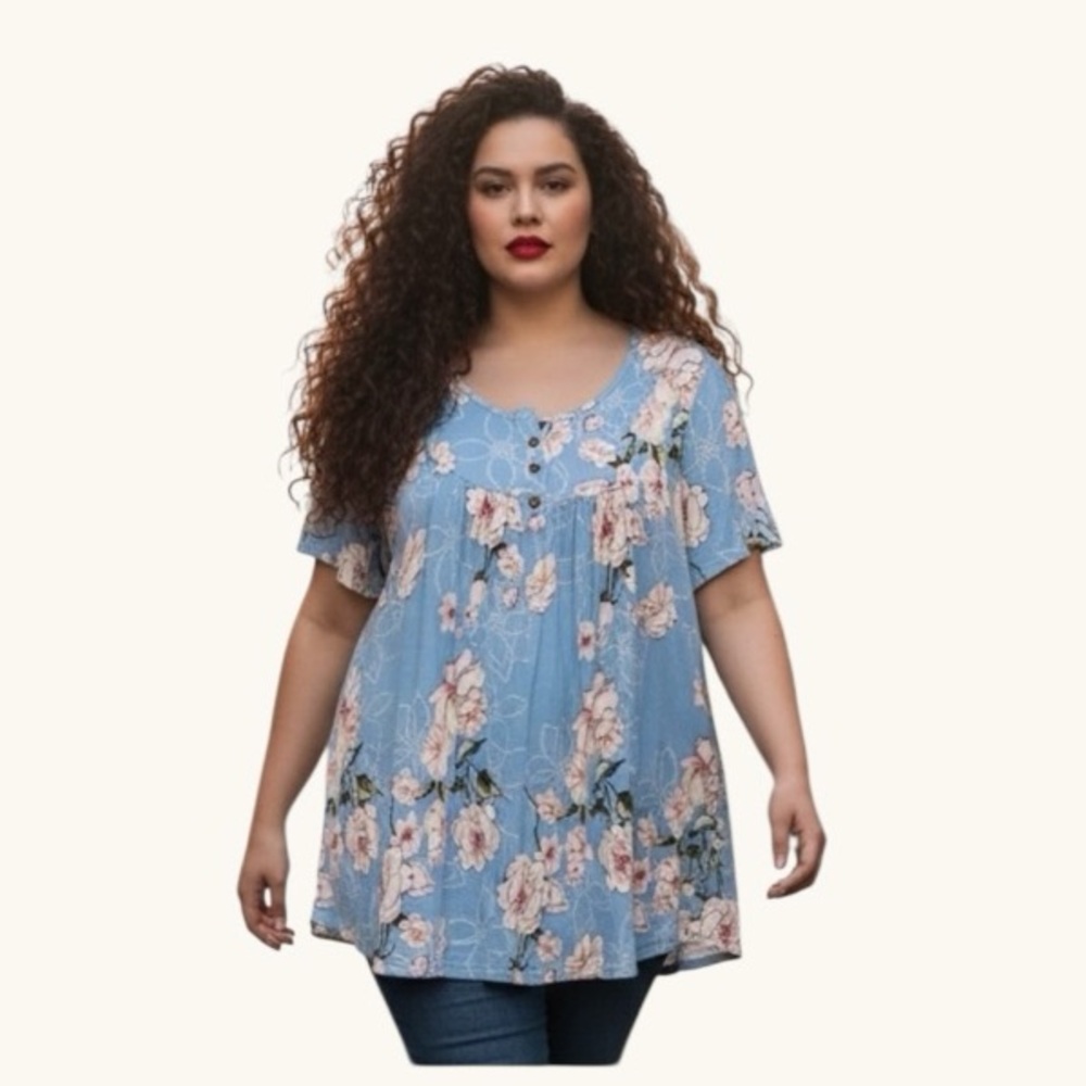 POPYOUNG Blue & Pink Floral Babydoll Tunic Top - Size 2XL